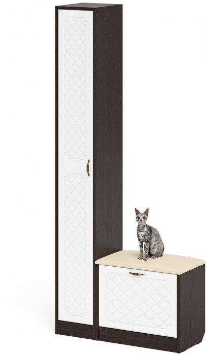 Прихожая П-6 Компоновка № 19, цвет венге/фасады МДФ белое дерево фрезеровка ромб, ШхГхВ 90х35х210 см., универсальная сборка