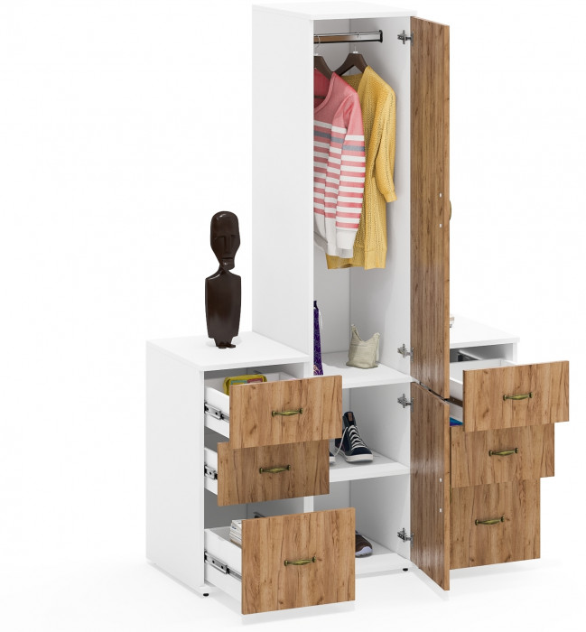 Лидер-8 Пенал МД 23Б + Тумба МД 3.16 + Тумба МД 3.16, цвет белый шагрень/крафт золото, ШхГхВ 120х50х190 см., универсальная сборка