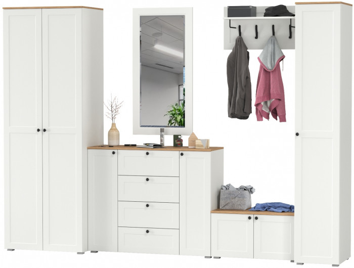 Остин Прихожая 55, цвет белый шагрень/дуб крафт золотой, ШхГхВ 320х54,3х229,6 см., универсальная сборка