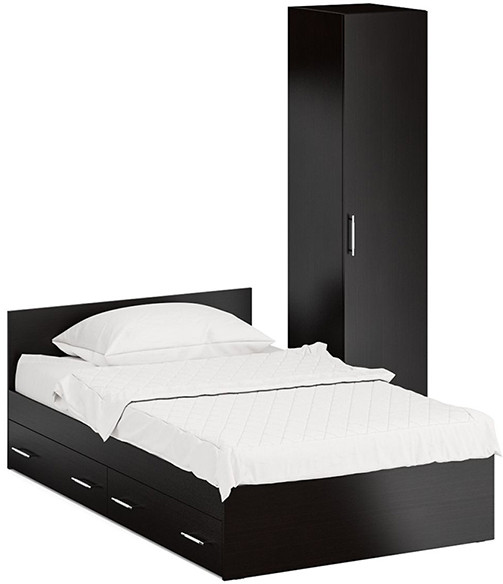 Кровать с ящиками 1200 + Пенал Стандарт, цвет венге, ШхГхВ 123,5х203,5х70 + 45х52х200 см., сп.м. 1200х2000 мм., без матраса, основание есть