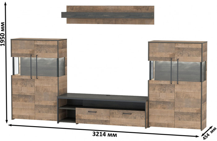 Трувор Гостиная 067, цвет дуб гранж песочный/интра, ШхГхВ 321,4х45,4х195 см., универсальная сборка