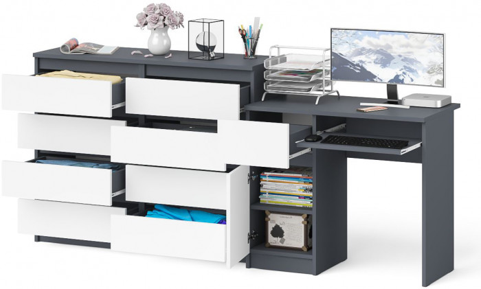Мори Стол компьютерный МС-1 левый + Комод МК1200.8, цвет графит/белый, ШхГхВ 210,4х50х94 см., выдвижной ящик слева, НЕ универсальная сборка