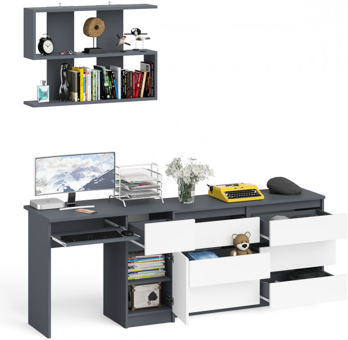 Мори Стол компьютерный МС-1 правый + Комод МК1200.6 + Полка 900, цвет графит/белый, ШхГхВ 210,4х50х209,6 см., НЕ универсальная сборка