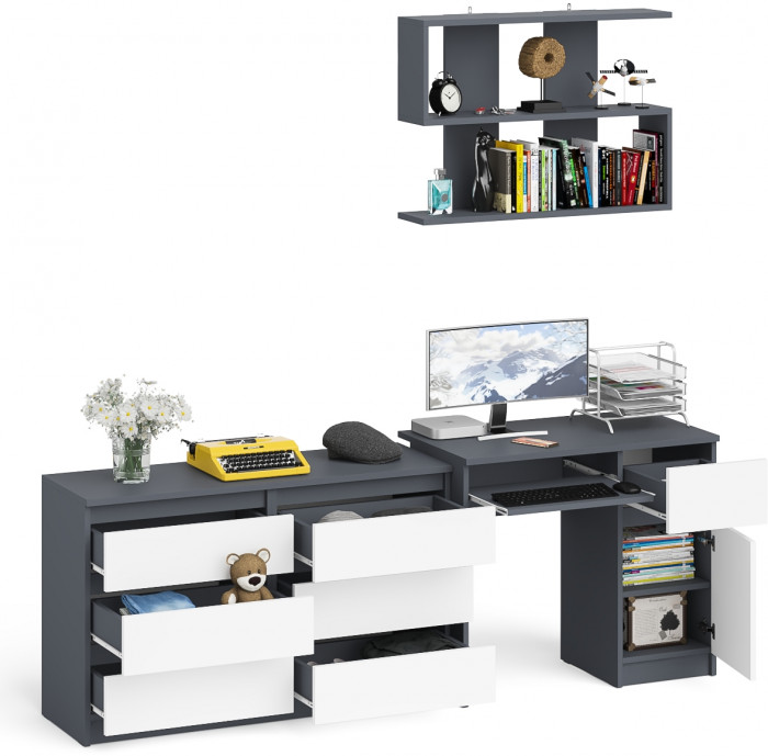 Мори Стол компьютерный МС-1 правый + Комод МК1200.6 + Полка 900, цвет графит/белый, ШхГхВ 210,4х50х209,6 см., НЕ универсальная сборка