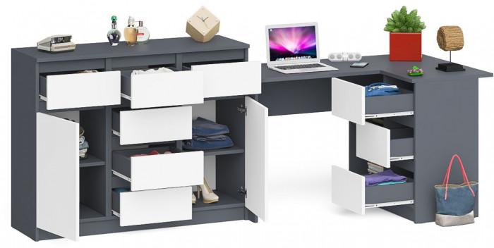 Мори Стол компьютерный МС-16 правый + Комод МК1200.4, цвет графит/белый, ШхГхВ 244,8х84,9х94 см., выдвижные ящики справа, НЕ универсальная сборка