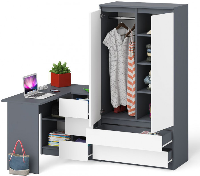 Мори Стол компьютерный МС-16 правый + Шкаф МШ900.1, цвет графит/белый, ШхГхВ 214,8х84,9х179,6 см., выдвижные ящики справа, НЕ универсальная сборка