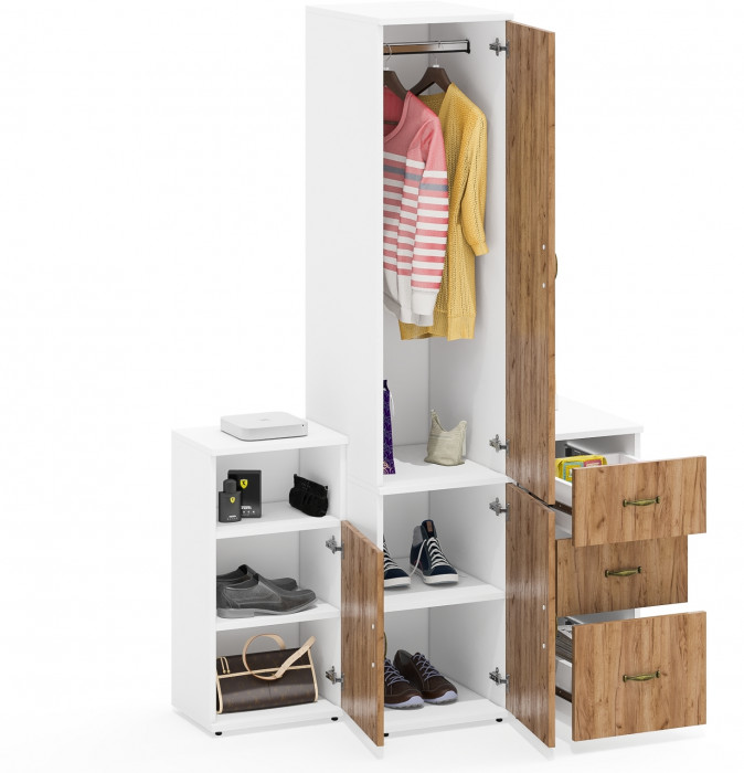 Лидер-8 Пенал МД 23Б + Тумба МД 3.16 + Тумба МД 3.19, цвет белый шагрень/крафт золото, ШхГхВ 120х50х190 см., универсальная сборка