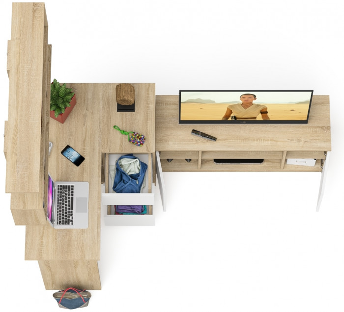 Мори компьютерный стол МС-16 правый + Тумба МТВ1200.1 + Полка 1200, дуб сонома/белый