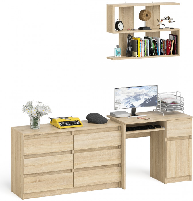 Мори Стол компьютерный МС-1 правый + Комод МК1200.6 + Полка 900, цвет дуб сонома, ШхГхВ 210,4х50х209,6 см., НЕ универсальная сборка