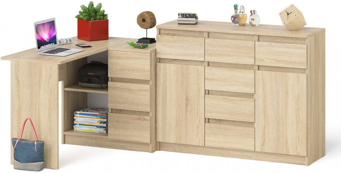 Мори Стол компьютерный МС-16 правый + Комод МК1200.4, цвет дуб сонома, ШхГхВ 244,8х84,9х94 см., выдвижные ящики справа, НЕ универсальная сборка