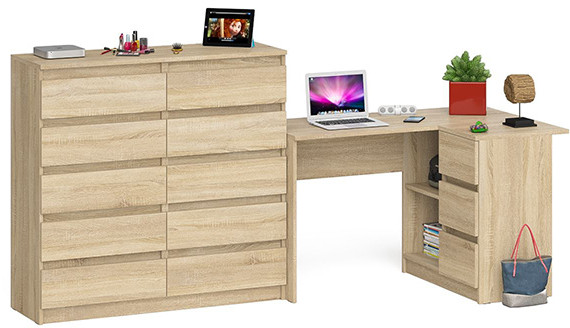 Мори Стол компьютерный МС-16 правый + Комод МК1200.10, цвет дуб сонома, ШхГхВ 244,8х84,9х115 см., выдвижные ящики справа, НЕ универсальная сборка
