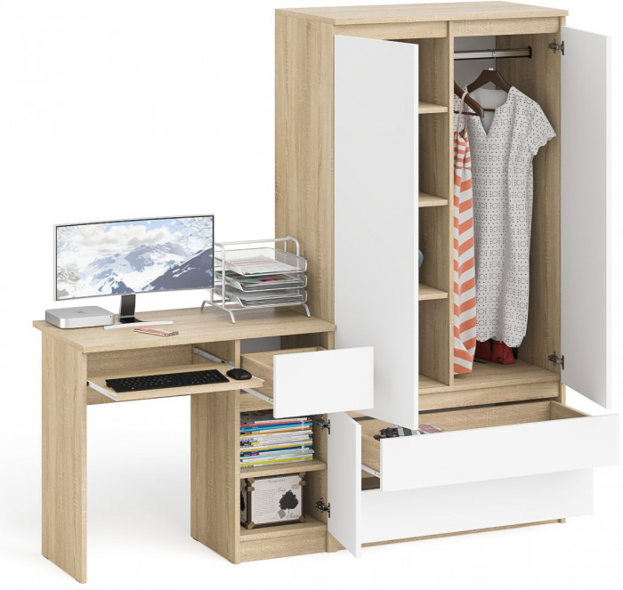 Мори компьютерный стол МС-1 правый + Шкаф МШ900.1, дуб сонома/белый