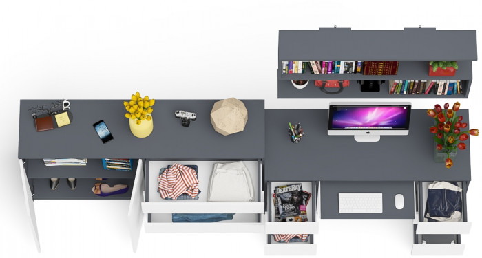 Мори компьютерный стол МС-2 + Комод МК1600.1 + Полка 1200, графит/белый