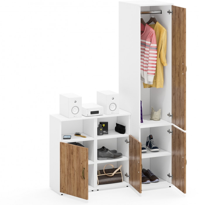 Лидер-8 Пенал МД 23Б + Тумба МД 3.19 + Тумба МД 3.19, цвет белый шагрень/крафт золото, ШхГхВ 120х50х190 см., универсальная сборка