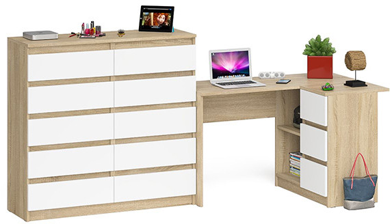 Мори Стол компьютерный МС-16 правый + Комод МК1200.10, цвет дуб сонома/белый, ШхГхВ 244,8х84,9х115 см., выдвижные ящики справа, НЕ универс. сборка