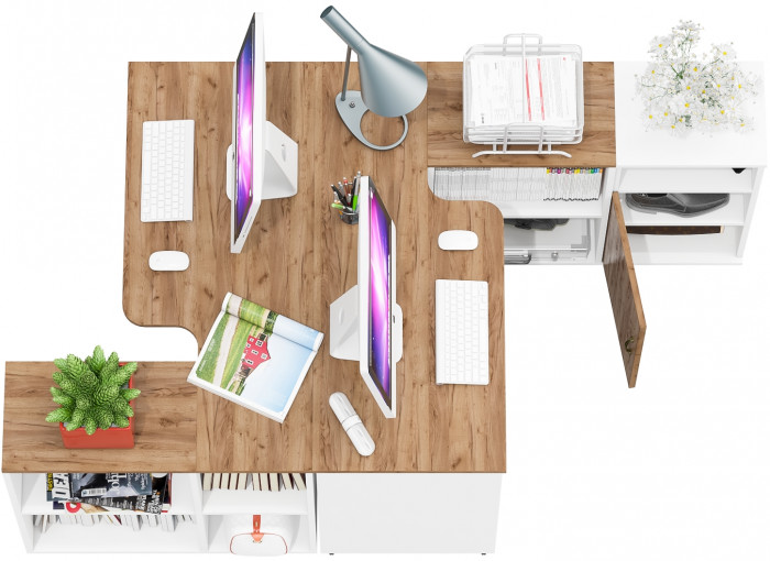 Лидер-8 Стол + Стол + Тумба МД 3.19, цвет белый шагрень/крафт золото, ШхГхВ 370х50/30х75 см. или 230х50/120х75 см., НЕ универсальная сборка