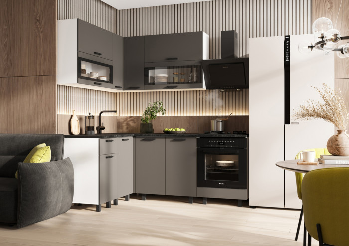 Кухня Техно 1,4*2,0м Компоновка №2, Белый/Холст улканический