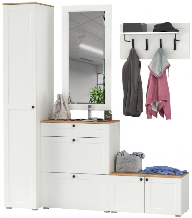 Остин Прихожая 45, цвет белый шагрень/дуб крафт золотой, ШхГхВ 200х54,3х229,6 см., универсальная сборка