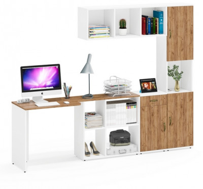 Лидер-8 Стол + Полка + Тумба МД 3.15 + Пенал, цвет белый шагрень/крафт золото, ШхГхВ 370х50/30х75/190 или 230х50/120х75/190  см., НЕ универс. сб.