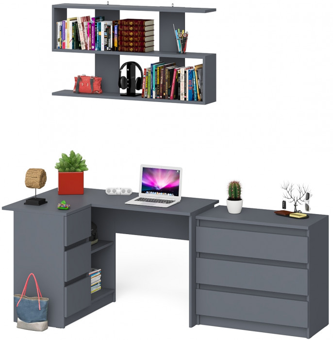 Мори компьютерный стол МС-16 левый + Комод МК800.1 + Полка 1200, графит