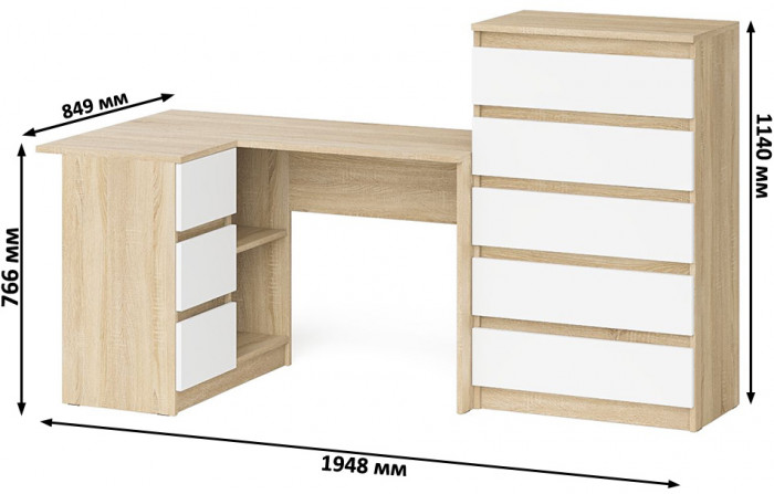 Мори Стол компьютерный МС-16 левый + Комод МК700.5, цвет дуб сонома/белый, ШхГхВ 194,8х84,9х114 см., выдвижные ящики слев, НЕ универсальная сборкаа