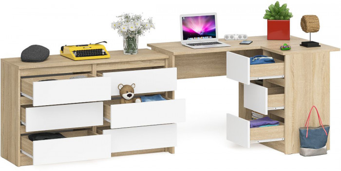 Мори Стол компьютерный МС-16 правый + Комод МК1200.6, цвет дуб сонома/белый, ШхГхВ 244,8х84,9х76,6 см., выдвижные ящики справа, НЕ универс. сборка