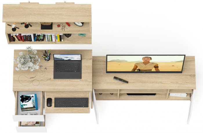 Мори Стол компьютерный МС-6 левый + Тумба МТВ1200.1 + Полка 900, цвет дуб сонома/белый, ШхГхВ 210,4х50х209,6 см., НЕ универсальная сборка