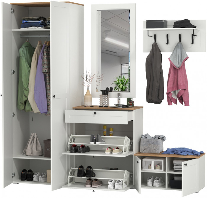 Остин Прихожая 47, цвет белый шагрень/дуб крафт золотой, ШхГхВ 240х54,3х229,6 см., универсальная сборка