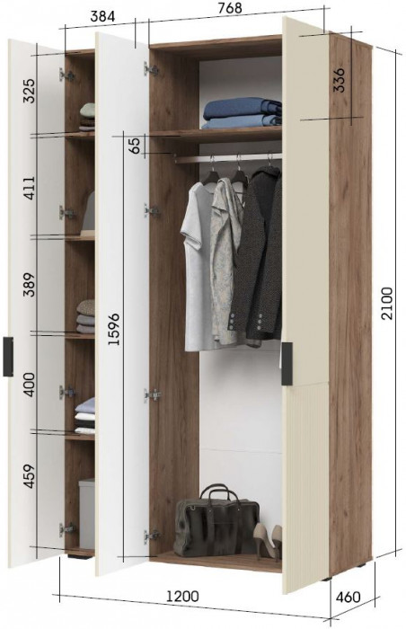 СОНАТА ШК 03 Шкаф 3-х створчатый  (1200х2100х460) Фасад МДФ МОНО КЕРАМИКА/Корпус ДУБ КРАФТ ТАБАЧНЫЙ