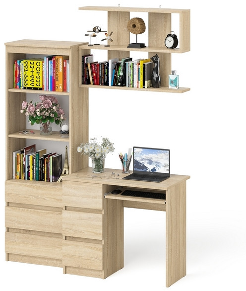 Мори Стол компьютерный МС-6 левый + Стеллаж МСТ600.3 + Полка 900, цвет дуб сонома, ШхГхВ 150,4х50х209,6 см., НЕ универсальная сборка