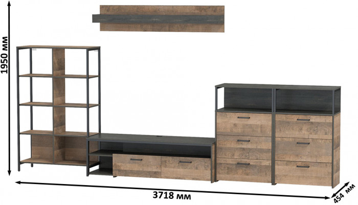 Трувор Гостиная 099, цвет дуб гранж песочный/интра, ШхГхВ 371,8х45,4х195 см., универсальная сборка