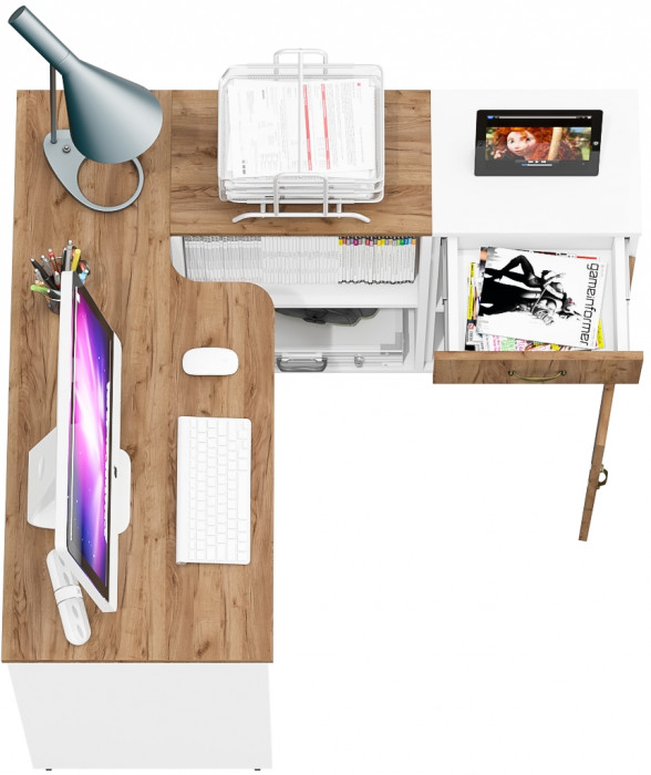 Лидер-8 Стол + Тумба МД 3.15, цвет белый шагрень/крафт золото, ШхГхВ 205х50/30х75 см. или 115х50/120х75 см., НЕ универсальная сборка