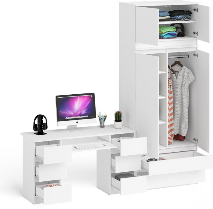 Мори Стол компьютерный МС-2 + Шкаф МШ900.1 + Антресоль МА900.1, цвет белый, ШхГхВ 225,8х50,4х234,2 см., универсальная сборка