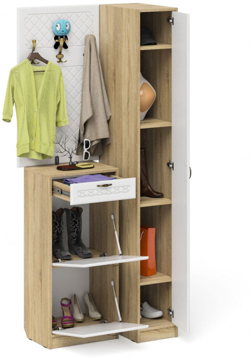 Прихожая П-6 Компоновка № 44, цвет дуб сонома/фасады МДФ белое дерево фрезеровка ромб, ШхГхВ 90х50х210 см., универсальная сборка