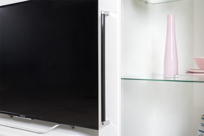 Валенсия Гостиная № 062, цвет ЛДСП белый шагрень/МДФ белый шагрень, ШхГхВ 243,1х38,3х225,2 см., ниша для ТВ 133х38х117 см.