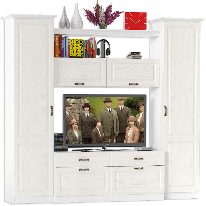 Ливерпуль Набор мебели 2, цвет ясень ваниль/белый, ШхГхВ 240х49,3х220,3 см.(без учёта карниза), ниша для тв 140х49х90 см.