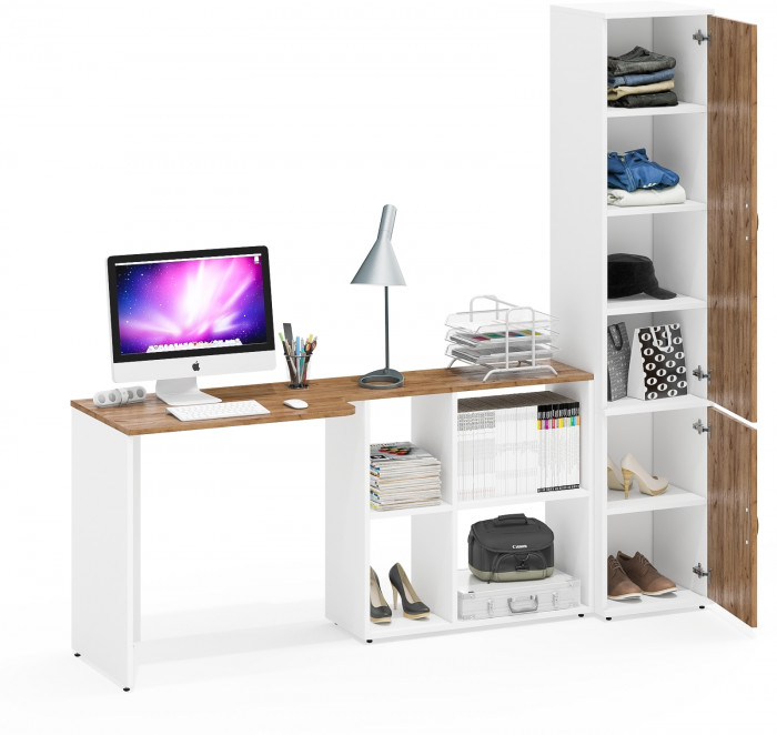 Лидер-8 Стол + Пенал МД 22Б, цвет белый шагрень/крафт золото, ШхГхВ 205х50/37,5х75/190 или 115х50/120х75/190 см., НЕ универсальная сборка