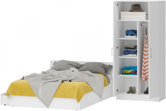 Кровать с ящиками 1400 + Шкаф 2-х створчатый Стандарт, цвет белый, ШхГхВ 143,5х203,5х70 + 90х52х200 см., сп.м. 1400х2000 мм., б/м, основание есть