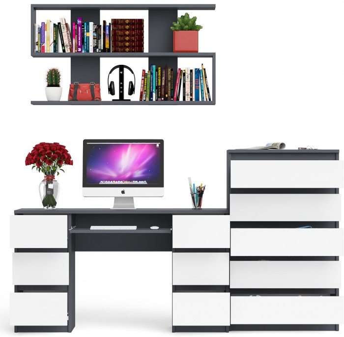 Мори компьютерный стол МС-2 + Комод МК700.5 + Полка 1200, графит/белый