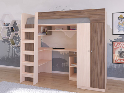 Кровать чердак Астра 10 Дуб молочный/Орех