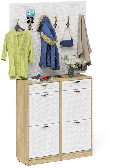 Прихожая П-6 Компоновка № 04, цвет дуб сонома/фасады МДФ белое дерево фрезеровка ромб, ШхГхВ 120х35х200 см.