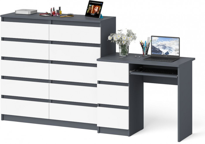 Мори компьютерный стол МС-6 левый + Комод МК1200.10, графит/белый