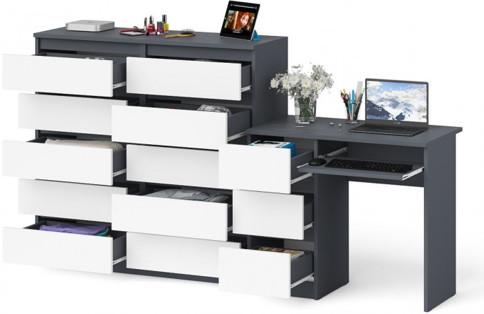 Мори компьютерный стол МС-6 левый + Комод МК1200.10, графит/белый