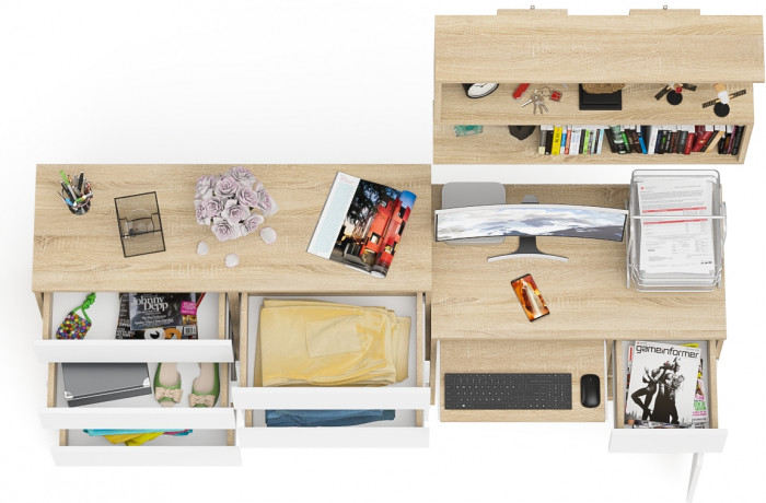 Мори Стол компьютерный МС-1 правый + Комод МК1200.8 + Полка 900, цвет дуб сонома/белый, ШхГхВ 210,4х50х209,6 см., НЕ универсальная сборка