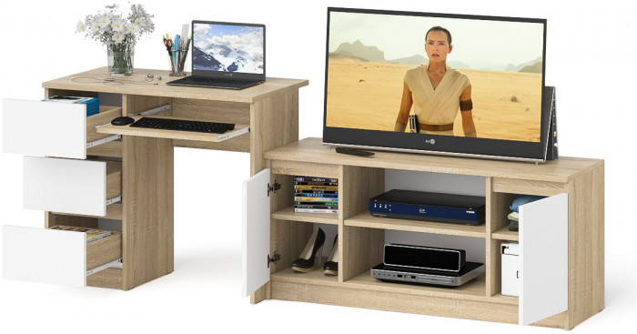 Мори Стол компьютерный МС-6 левый + Тумба МТВ1200.1, цвет дуб сонома/белый, ШхГхВ 210,4х50х76,6 см., выдвижные ящики слева, НЕ универсальная сборка