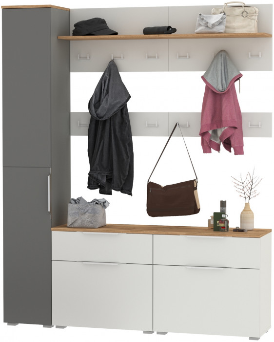 Октава Прихожая 52, цвет белый шагрень/серый графит/дуб крафт золотой/фасады МДФ белый шагрень/серый графит, ШхГхВ 162х35,4х197,6 см., ун. сборка