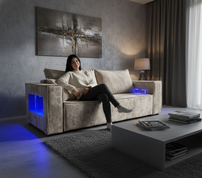 Диван-еврокнижка Лофт Люкс Плюш с подсветкой, 140х195, бежевый