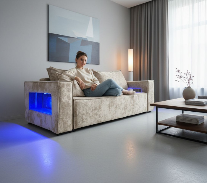 Диван-еврокнижка Лофт Люкс Плюш с подсветкой, 140х195, бежевый