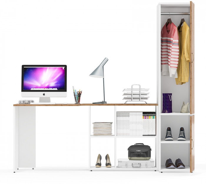 Лидер-8 Стол + Пенал МД 23Б, цвет белый шагрень/крафт золото, ШхГхВ 205х50/37,5х75/190 или 115х50/120х75/190 см., НЕ универсальная сборка