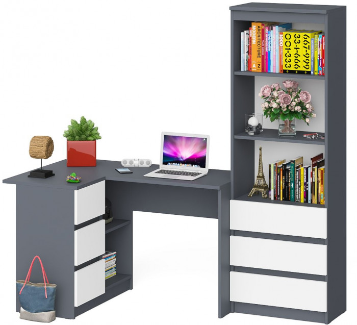 Мори компьютерный стол МС-16 левый + Стеллаж МСТ600.3, графит/белый